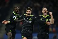 LEICESTER, ENGLAND - JANUARY 14:  Marcos Alonso of Chelsea celebrates his second goal alongside Victor Moses (L) and Gary Cahill (R) during the Premier League match between Leicester City and Chelsea at The King Power Stadium on January 14, 2017 in Leicester, England.  (Photo by Laurence Griffiths/Getty Images)